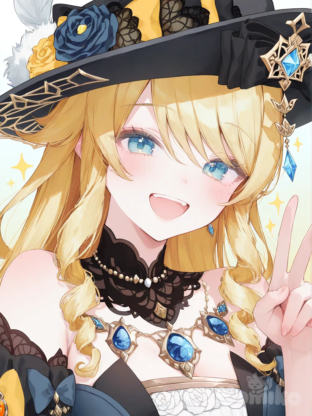 @Navia_(Genshin_Impact), [sweet-pastel-style], v sign, smile, laughing, upper body, looking at viewer, portrait, sparkle, gradient background, clean background