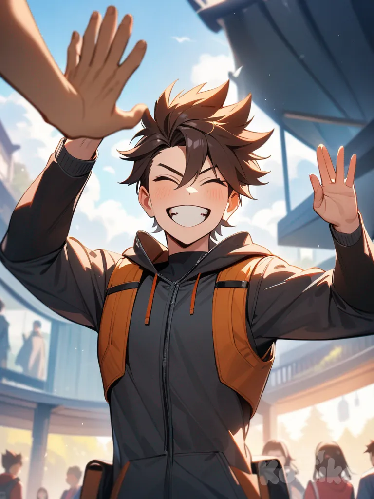 jegi, holding sword, high five, smile