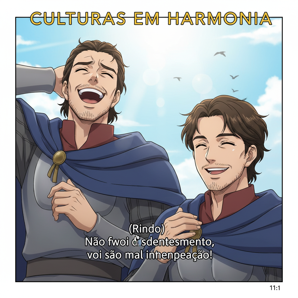 diálogo entre Dom Sebastião﻿ e Harald Hardrada﻿

, com desentendimentos culturais que terminam em entendimento e risadas:

Dom Sebastião﻿

chegou sorridente e disse:
— Harald, é hora de unir nossas forças e celebrar nossa coragem juntos!

Harald﻿

conferiu sua armadura e respondeu:
— Concordo, mas aqui valorizamos a força em batalha mais que palavras.

Dom Sebastião﻿

falou com entusiasmo:
— Aqui na minha terra, valorizamos a sabedoria e a fé para vencer.

Harald﻿

franziu a testa e disse:
— Achei que você queria dizer que minhas tradições são fracas!

Dom Sebastião﻿

rapidamente esclareceu:
— Não, Harald! Só achei que cada cultura mostra sua força de modo diferente.

Harald﻿
riu e respondeu:
— Ah, agora entendi! Cuba, não foi um desentendimento, foi só mal interpretação!