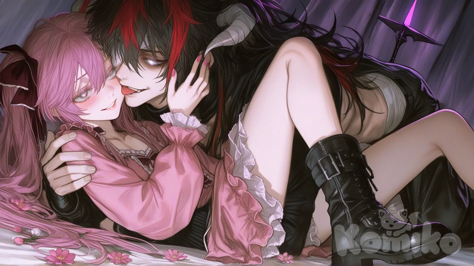 1boy,femboy, long hair, black hair, silver eyes, long sleeves, boots, multicolored hair pink, pink flower, pink nails, makeup, hair between eyes, hair ribbon, tongue out, grin, happy, full body, frills, fingerless gloves, glowing eyes, frilled dress, black and pink dress, low angle,[semi-realistic-portrait-style], demon horns, flat chest, 1boy, 2people, demon boy, no shirt, bandage over one eye, baggy pants, kissing forehead, cuddling