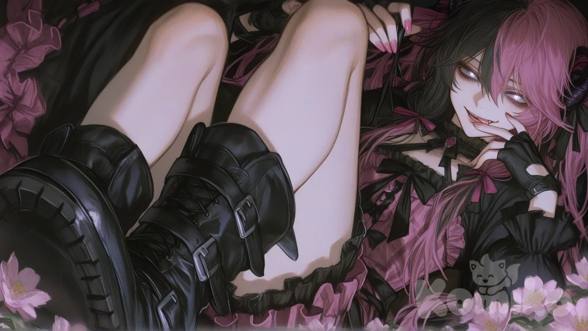 1boy,femboy, long hair, black hair, silver eyes, long sleeves, boots, multicolored hair pink, pink flower, pink nails, makeup, hair between eyes, hair ribbon, tongue out, grin, happy, full body, frills, fingerless gloves, glowing eyes, frilled dress, black and pink dress, low angle, [semi-realistic-portrait-style], demon horns, flat chest