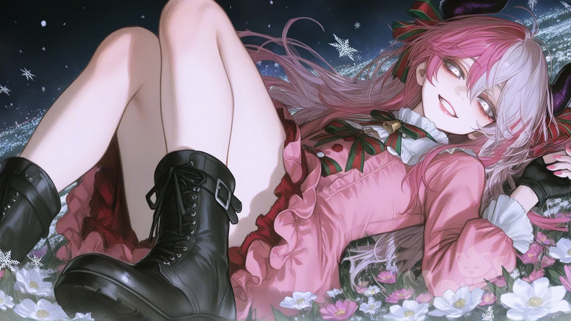1boy,femboy, long hair, white hair, silver eyes, long sleeves, boots, multicolored hair pink, pink flower, pink nails, makeup, hair between eyes, hair ribbon, grin, happy, full body, frills, fingerless gloves, glowing eyes, frilled dress, white and pink dress, low angle,[semi-realistic-portrait-style], demon horns, flat chest, laying down, floating hair, flower field, Christmas themed