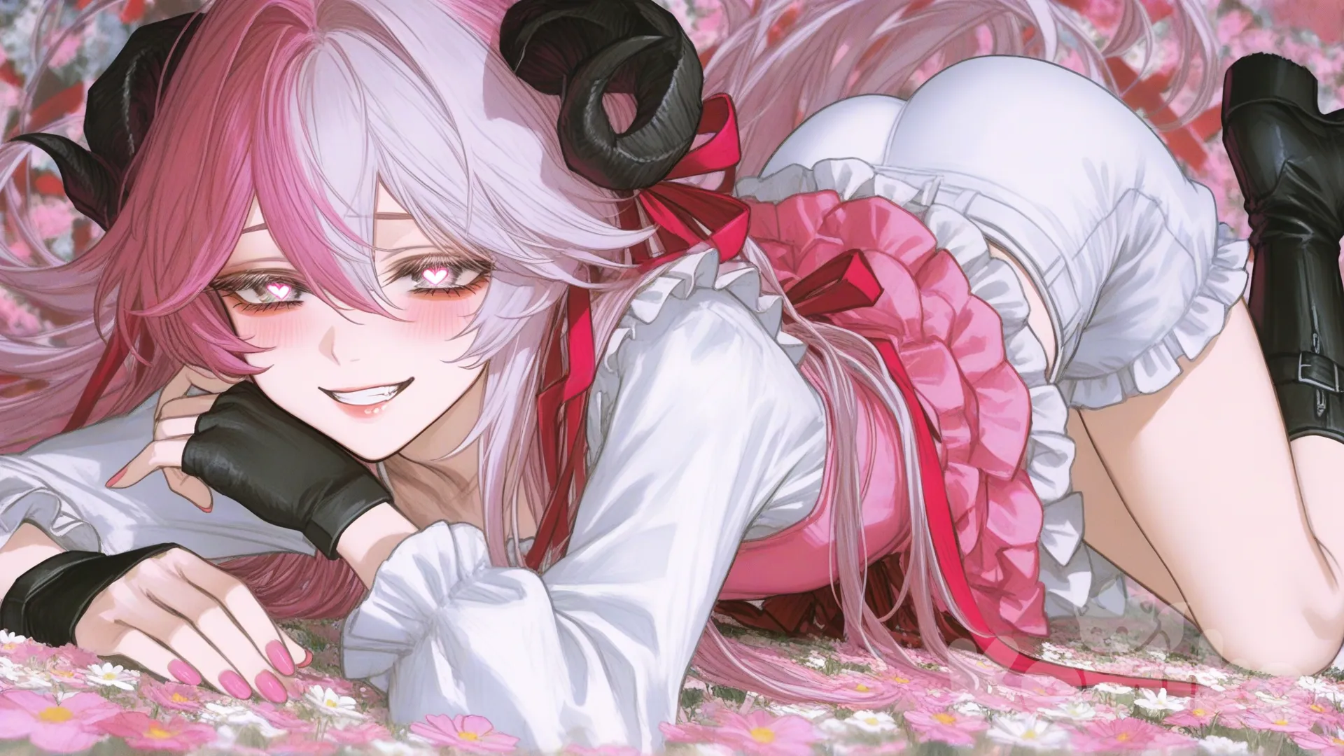 1boy,femboy, long hair, white hair, silver eyes, long sleeves, boots, multicolored hair pink, pink flower, pink nails, makeup, hair between eyes, hair ribbon, grin, happy, full body, frills, fingerless gloves, glowing eyes, frilled dress, white and pink dress, low angle,[semi-realistic-portrait-style], demon horns, flat chest, laying down, floating hair, flower field, ass up, Valentine's themed, cute white shorts