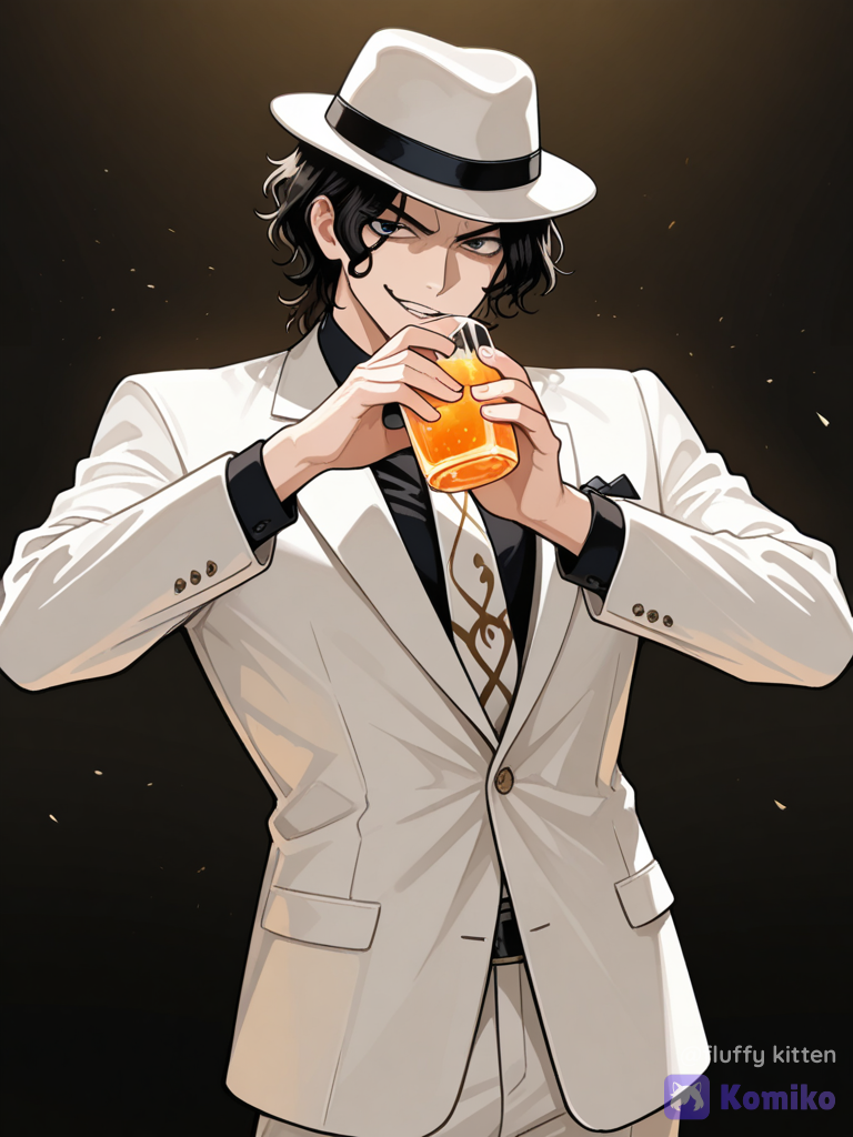 @Kibutsuji_Muzan, Transformed into Michael Jackson with the Smooth Criminal outfit With orange juice in hand. Look like an orange juice commercial.