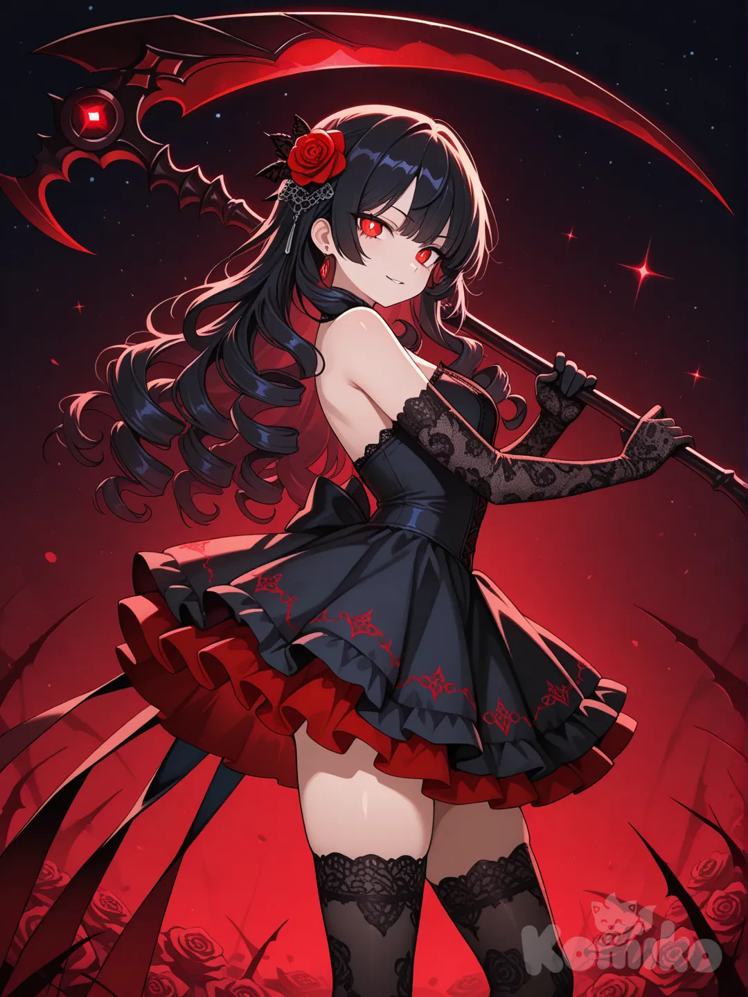 anime girl, stylish outfit, modern anime art, rendering，a female character with long curly black hair, adorned with a red rose in her hair; wearing a short black strapless dress with lace details, the inner layer of the skirt is red; paired with black lace stockings and black lace gloves; holding a giant scythe with a red gem; the background is a starry sky with red light effects, the overall style is dark gothic,in a half-back standing pose, slightly turning her body towards the camera, gripping a giant scythe with a red gem in one hand, the scythe is slung diagonally across her body, the posture is full of power and aggression, [glossy-anime-style]