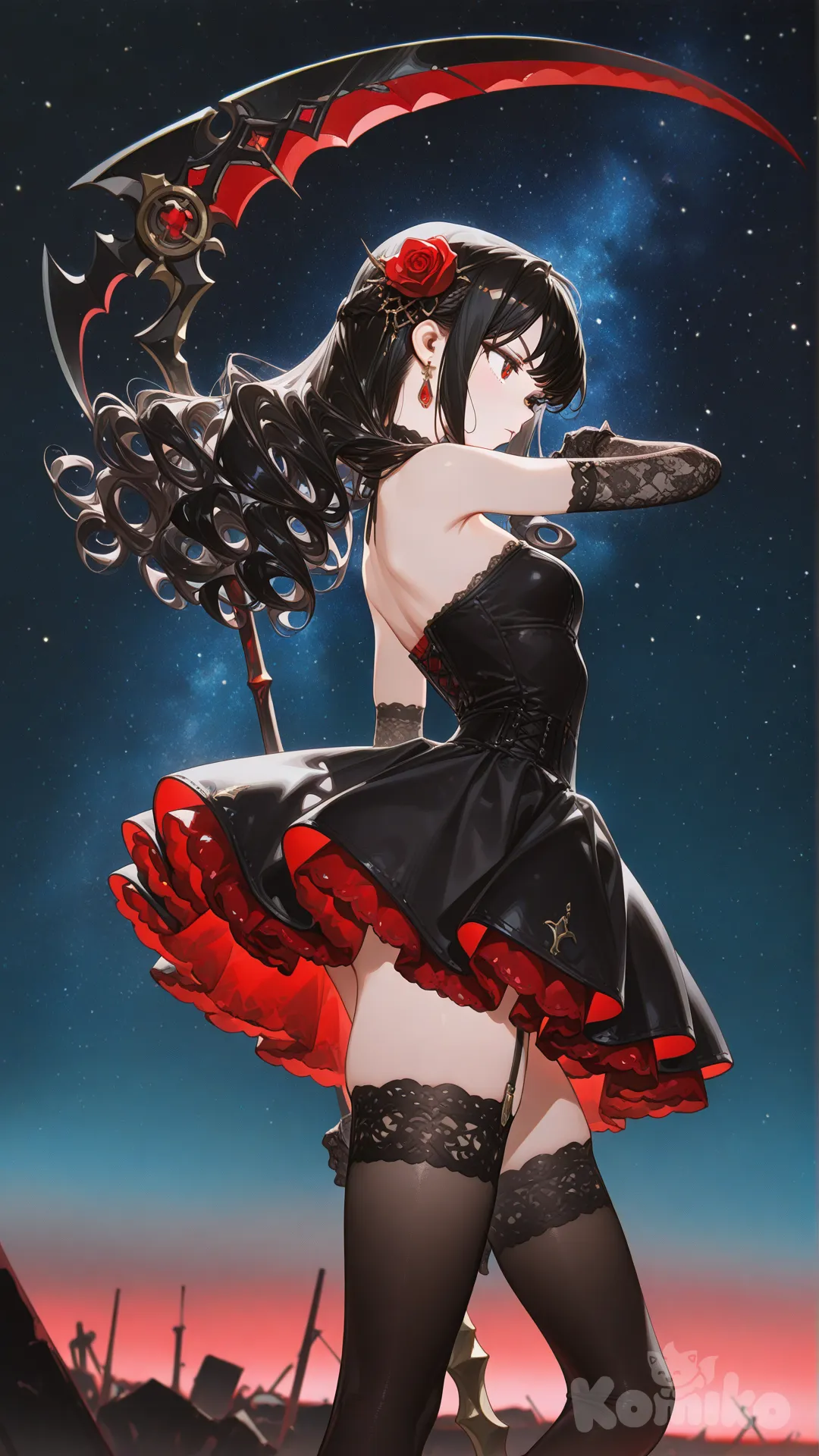 anime girl, stylish outfit, modern anime art, rendering，a female character with long curly black hair, adorned with a red rose in her hair; wearing a short black strapless dress with lace details, the inner layer of the skirt is red; paired with black lace stockings and black lace gloves; holding a giant scythe with a red gem; the background is a starry sky with red light effects, the overall style is dark gothic,in a half-back standing pose, slightly turning her body towards the camera, gripping a giant scythe with a red gem in one hand, the scythe is slung diagonally across her body, the posture is full of power and aggression, [high-gloss-illustration-style]