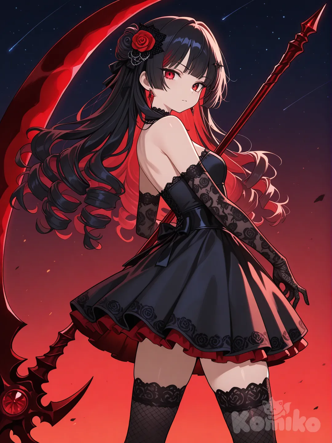 anime girl, stylish outfit, modern anime art, rendering，a female character with long curly black hair, adorned with a red rose in her hair; wearing a short black strapless dress with lace details, the inner layer of the skirt is red; paired with black lace stockings and black lace gloves; holding a giant scythe with a red gem; the background is a starry sky with red light effects, the overall style is dark gothic,in a half-back standing pose, slightly turning her body towards the camera, gripping a giant scythe with a red gem in one hand,the scythe is slung diagonally across her body, the posture is full of power and aggression, [glossy-anime-style]
