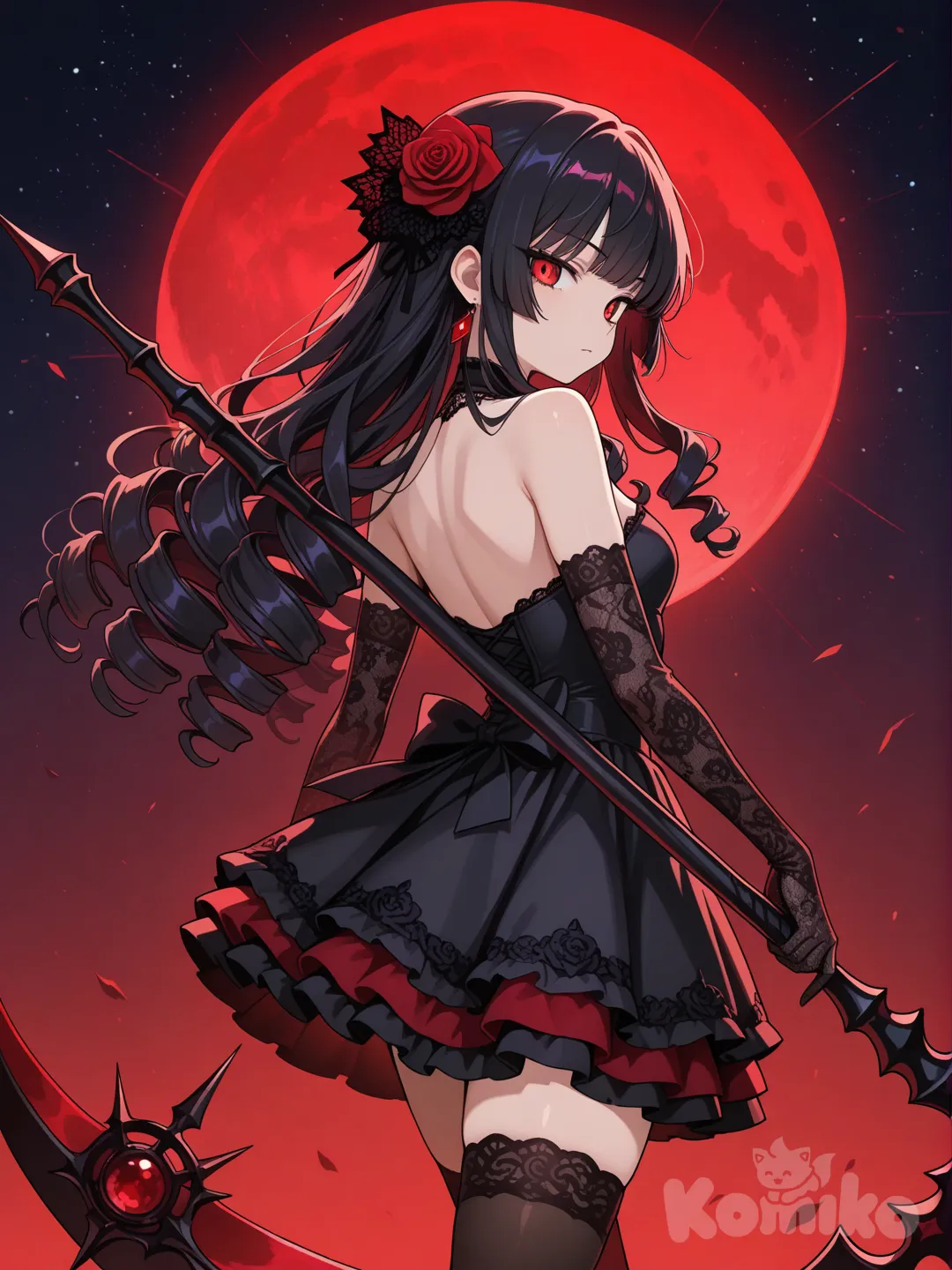 anime girl, stylish outfit, modern anime art, rendering，a female character with long curly black hair, adorned with a red rose in her hair; wearing a short black strapless dress with lace details, the inner layer of the skirt is red; paired with black lace stockings and black lace gloves; holding a giant scythe with a red gem; the background is a starry sky with red light effects, the overall style is dark gothic,in a half-back standing pose, slightly turning her body towards the camera, gripping a giant scythe with a red gem in one hand, the scythe is slung diagonally across her body, the posture is full of power and aggression, [glossy-anime-style]