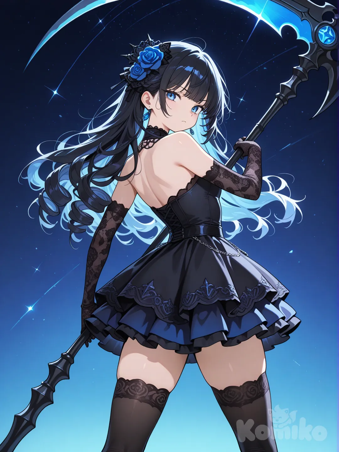 anime girl, stylish outfit, modern anime art, rendering，a female character with long curly black hair, adorned with a blue rose in her hair; wearing a short black strapless dress with lace details, the inner layer of the skirt is blue; paired with black lace stockings and black lace gloves; holding a giant scythe with a blue gem; the background is a starry sky with blue light effects, the overall style is dark gothic,in a half-back standing pose, slightly turning her body towards the camera, gripping a giant scythe with a blue gem in one hand,the scythe is slung diagonally across her body, the posture is full of power and aggression, [glossy-anime-style]