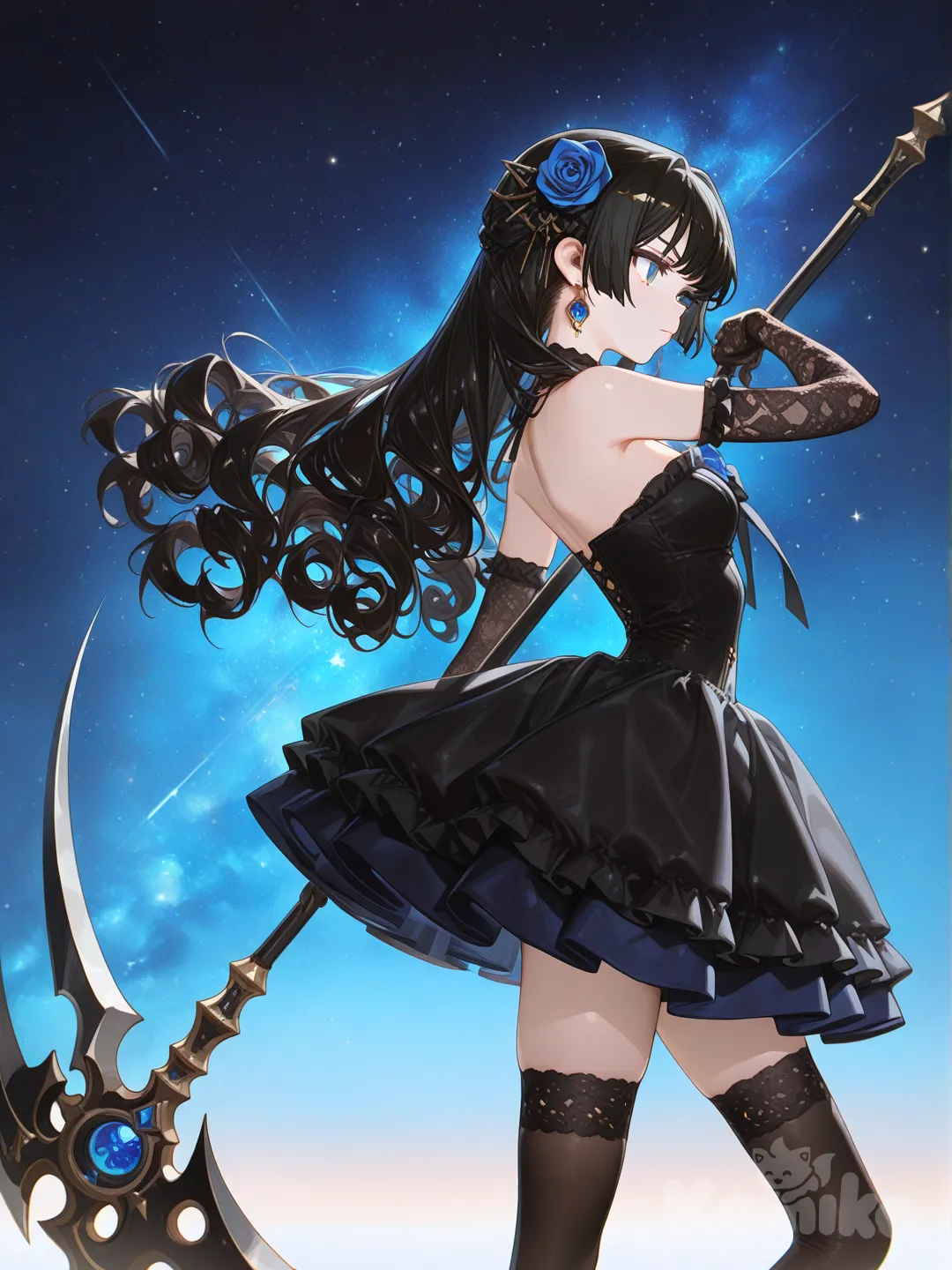 anime girl, stylish outfit, modern anime art, rendering，a female character with long curly black hair, adorned with a blue rose in her hair; wearing a short black strapless dress with lace details, the inner layer of the skirt is blue; paired with black lace stockings and black lace gloves; holding a giant scythe with a blue gem; the background is a starry sky with blue light effects, the overall style is dark gothic,in a half-back standing pose, slightly turning her body towards the camera, gripping a giant scythe with a blue gem in one hand,the scythe is slung diagonally across her body, the posture is full of power and aggression, [high-gloss-illustration-style]