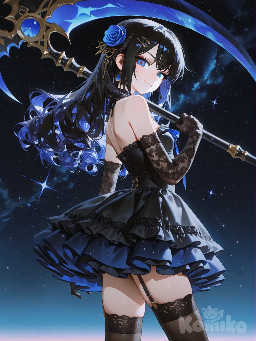 anime girl, stylish outfit, modern anime art, rendering，a female character with long curly black hair, adorned with a blue rose in her hair; wearing a short black strapless dress with lace details, the inner layer of the skirt is blue; paired with black lace stockings and black lace gloves; holding a giant scythe with a blue gem; the background is a starry sky with blue light effects, the overall style is dark gothic,in a half-back standing pose, slightly turning her body towards the camera, gripping a giant scythe with a blue gem in one hand,the scythe is slung diagonally across her body, the posture is full of power and aggression, [high-gloss-illustration-style]