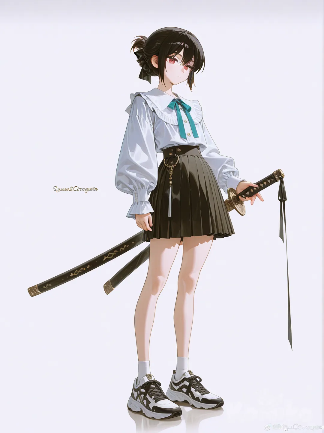 1girl, [high-gloss-illustration-style], expressionless, holding sword, blouse, pleated skirt, updo, sneakers, ribbon