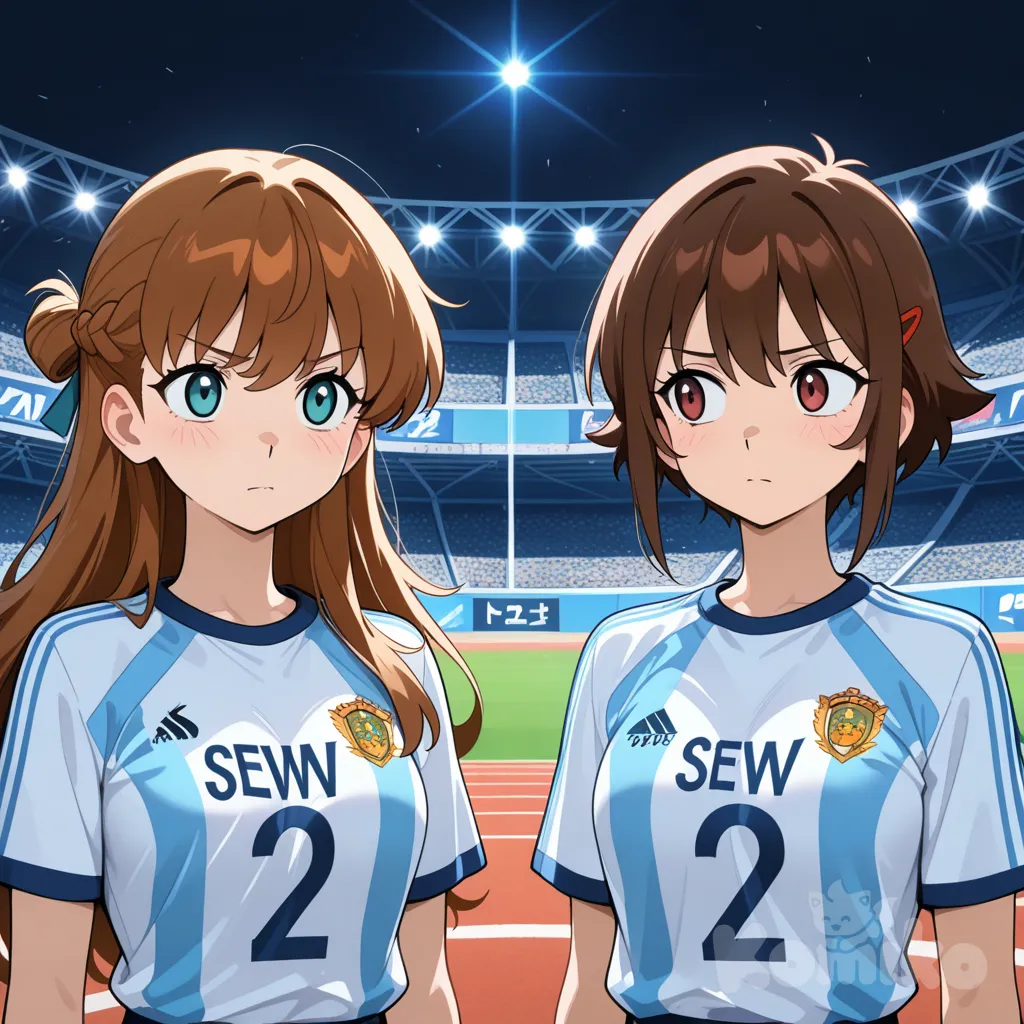 Argentina anime girl with soccer ball vs Japan anime girl, both staring at each other with pride and anger, strong rivals, stadium background, anime style, dramatic lighting