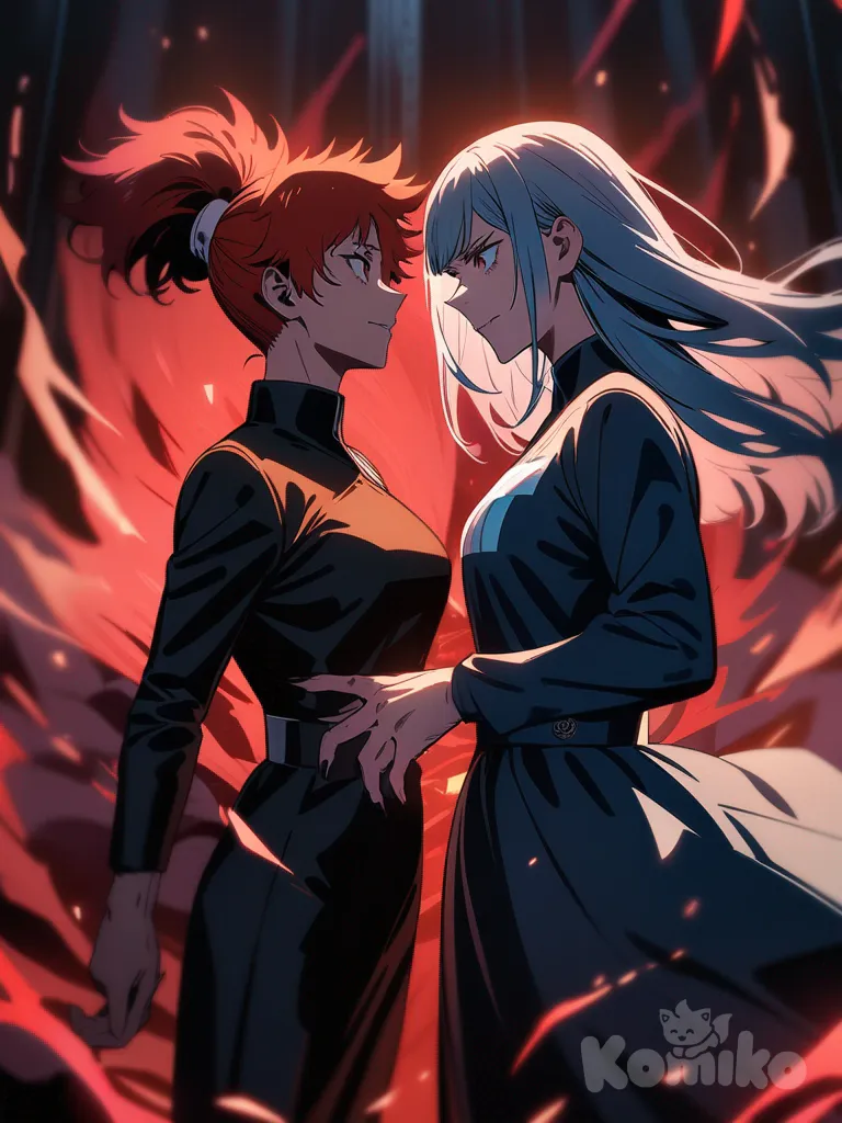 Two anime girls representing Argentina and Japan, standing face to face with intense eye contact, Argentina girl with a confident and arrogant smile, Japan girl serious and determined, glowing blue and red aura between them, dramatic lighting, anime art style like Jujutsu Kaisen