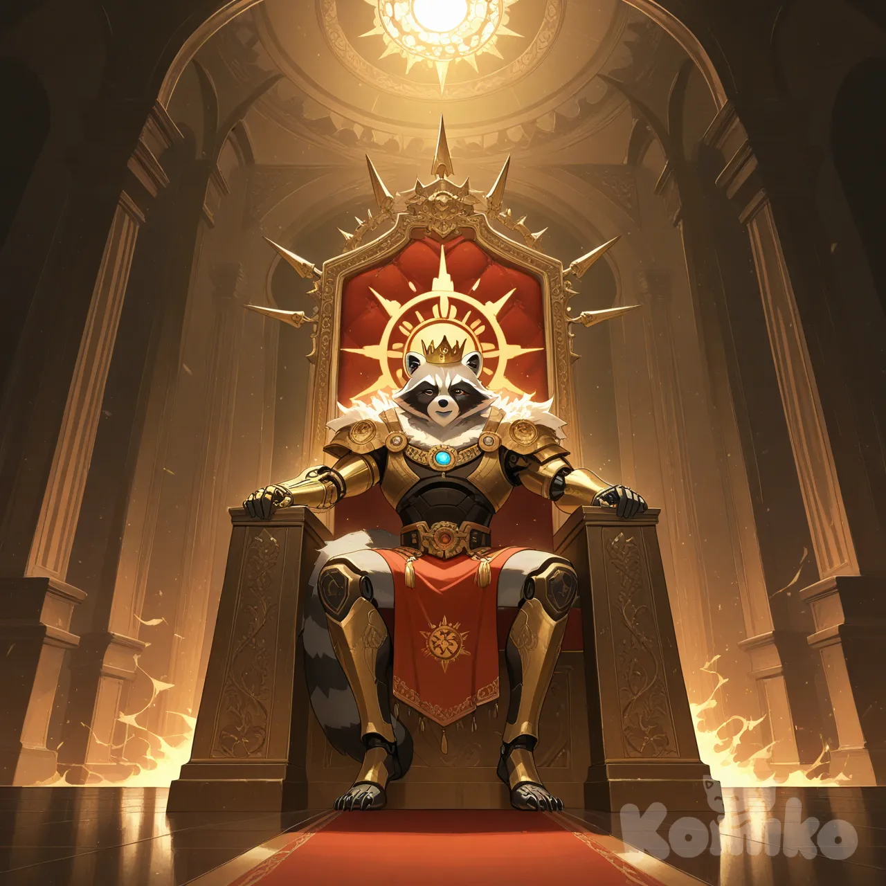 A Sun God Raccoon, Sitting on a throne, mechanical left arm