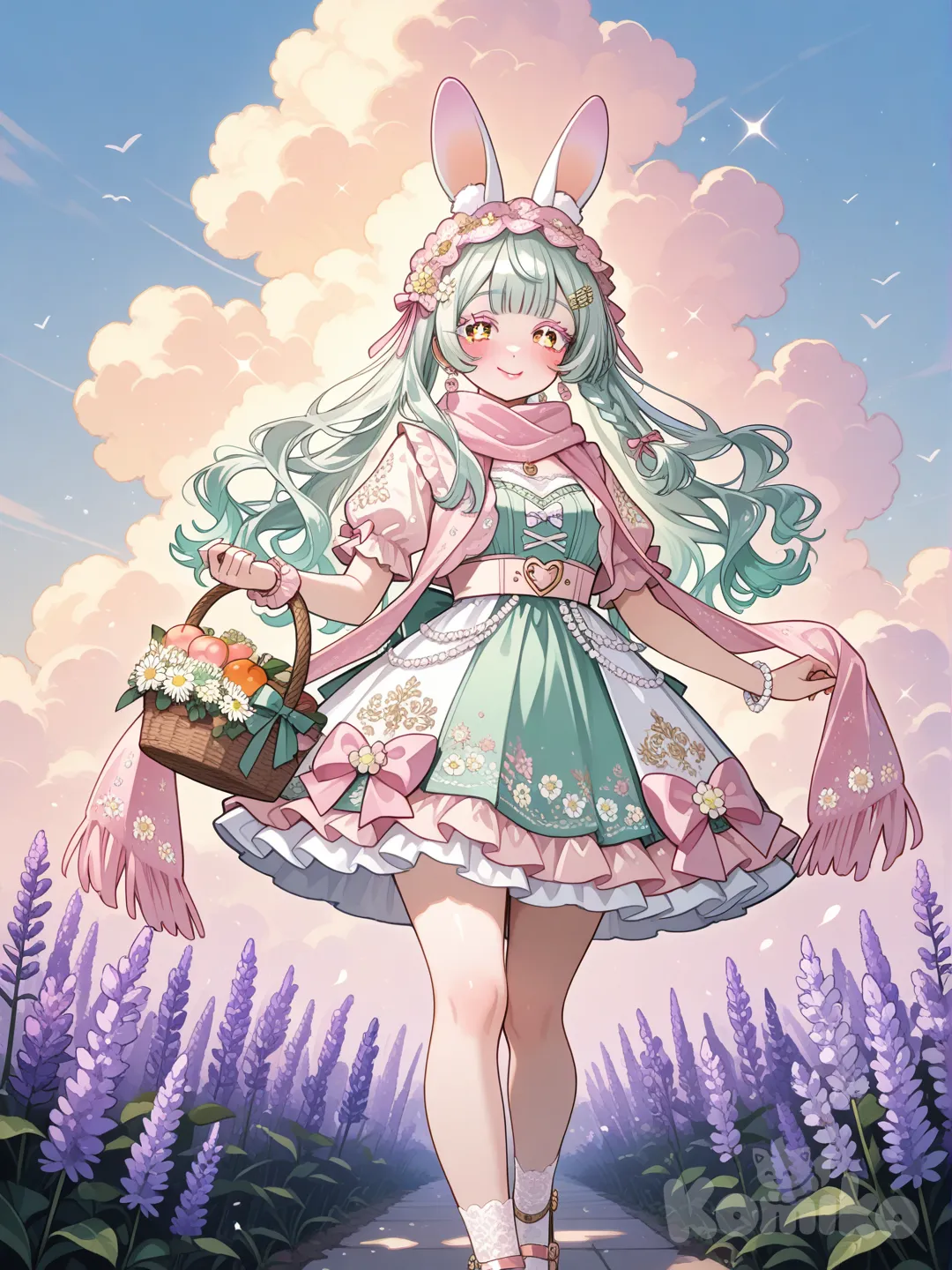 A hyper-photorealistic 16-year-old cute girl with delicate facial features, soft porcelain skin with a faint peach blush on cheeks and nose tip, large sparkling amber eyes framed by thick fluttery dark lashes and subtle pink eyeshadow, a small upturned nose with a tiny mole at the base, and plump glossy cherry-pink lips curved into a gentle, shy smile showing two faint dimples. Her hair is long wavy honey-blonde cascading down to her waist, adorned with a intricate silver hair chain woven through the strands, dotted with tiny pastel-blue sapphires and pearl beads, plus a pair of handcrafted floral hairpins—one with a blooming white cherry blossom and the other with a soft pink peony, both accented with tiny green crystal leaves and delicate gold wiring. She wears a frilled lace headband in ivory with delicate embroidery of tiny daisies and lavender, and a few loose curls frame her face, with a small braid on each side secured with tiny silk ribbons in mint green and baby pink.
 
Her outfit is a whimsical vintage-style dress: a fitted bodice made of soft lavender tulle layered over satin, adorned with hand-sewn pearl clusters, tiny crystal sequins, and delicate lace appliqués of butterflies and roses, with puffed short sleeves trimmed with ruffled organza and tiny pom-poms in pastel yellow. The skirt is a voluminous tiered design with layers of sheer tulle in soft pink, lavender, and mint green, each layer edged with scalloped lace and dotted with small fabric flowers (white daisies, pink carnations, lavender blooms) and tiny bell-shaped charms that jingle softly. She wears a cropped ivory cardigan with puffed sleeves, trimmed with delicate crochet lace and a small bow at the collar, and a satin ribbon belt in baby pink tied around her waist with a large, fluffy bow at the back, adorned with a small silver locket shaped like a heart.
 
Her accessories are intricate and charming: delicate silver earrings shaped like tiny cherry blossoms with pink gemstone centers, a thin silver necklace with a pendant of a tiny hand-painted porcelain rabbit holding a carrot, a stack of three thin bracelets—one silver with tiny pearl beads, one pastel-pink enamel with floral engravings, and one braided silk cord with small wooden beads and a tiny crystal star. On her fingers, she wears two dainty rings: one with a small oval-cut aquamarine and the other with a tiny rose-gold flower with a minuscule ruby center. Her ankles are adorned with thin silver chains with tiny bell charms, and she wears white lace ankle socks with scalloped edges and Mary Jane shoes in soft pink leather, decorated with pearl buttons and tiny bows.
 
She holds a small vintage-style wicker basket lined with pastel-pink satin, filled with a few fresh wildflowers (daisies, clover, lavender) and a tiny stuffed white rabbit plushie with pink ears. Around her shoulders, there’s a sheer chiffon scarf in mint green with subtle watercolor prints of rabbits and flowers, flowing gently in the breeze. The background is a sunlit meadow with soft green grass, dotted with wildflowers and buttercups, with a distant backdrop of a pastel-colored cottage and a clear blue sky with fluffy white clouds. Soft golden hour lighting, warm and gentle, casting a soft glow on her hair and skin, creating subtle shadows and highlighting the intricate details of her accessories and outfit. Ultra-textures: the softness of tulle, the shine of satin, the delicacy of lace, the sparkle of crystals and pearls, the fluffiness of her hair, and the smoothness of her skin. 8K resolution, photorealistic rendering, cinematic composition, soft focus on the subject, vibrant yet dreamy color palette, whimsical and magical atmosphere.