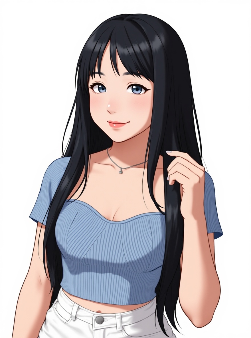 1girl, mature, slim, straight hair, side-parted hair, black hair, gray eyes, dimple, single character, full body, looking at viewer, anime style, simple background, white background