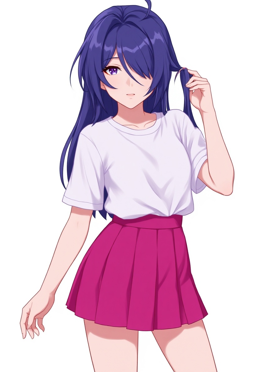 1girl, mature, curvy, fair skin, magenta skirt, long stockings, single character, full body, looking at viewer, anime style, simple background, white background