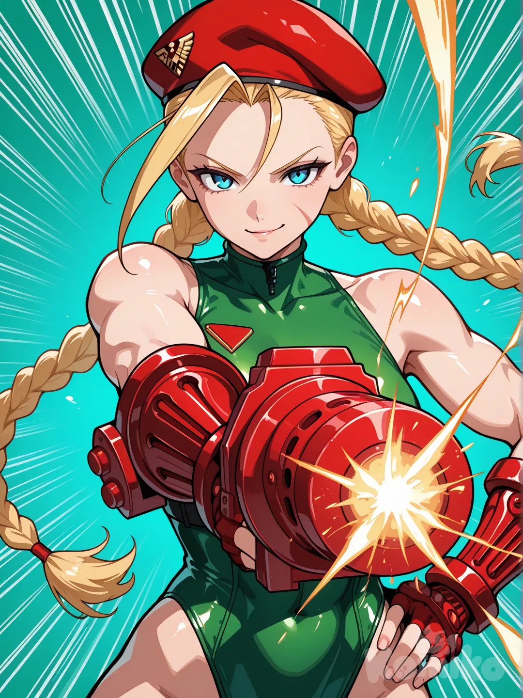 Cammy White from Street Fighter, extremely close-up portrait shot, vibrant saturated colors exactly like classic artwork, bright emerald green shiny leotard, deep red beret with gold delta insignia, red gauntlets, long blonde braids with red hair ties, confident slight smirk, blue eyes, hand on hip, holding red cannon-like weapon in left hand, muscular toned body, glossy latex texture, high contrast comic style shading, vivid cel-shading, pure solid mint-green background, ultra sharp details, rich colors, absurdres, 8k --ar 3:4 --stylize 150 --v 6 --style raw change pose action effects and pose