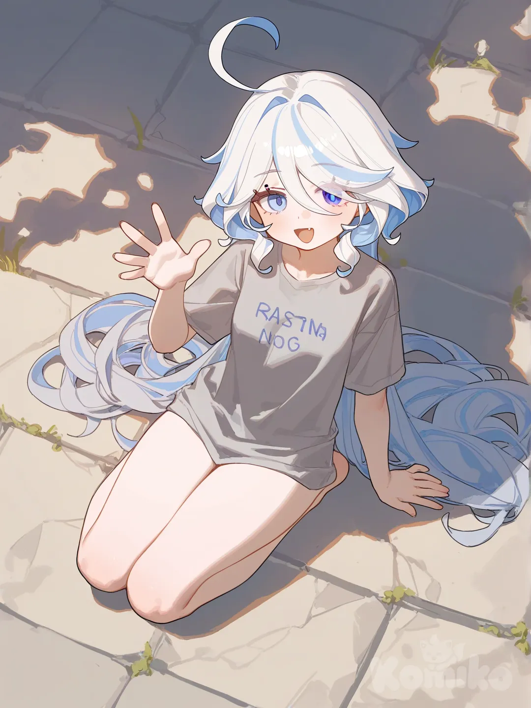 @Furina_(Genshin_Impact), [lacquered-illustration-style], waving, sitting on the ground, t-shirt, full body