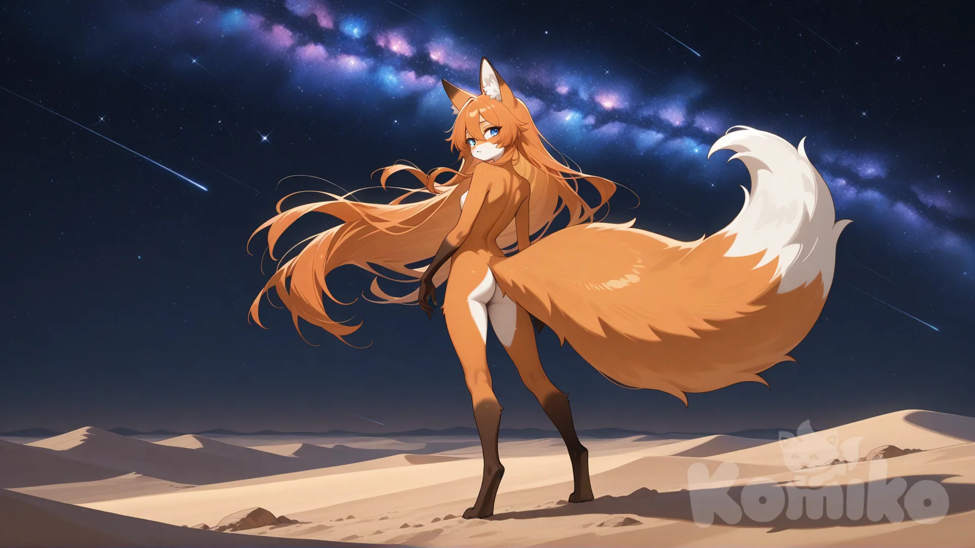 @wicki-2ShJ the fox femboy, extremely huge and long fluffy tail, 20 years old, fur all over the body, very dark black desert, make it can be a wallpaper, galaxy sky, from behind, the character is in the right of the screen looking to his left on the sky