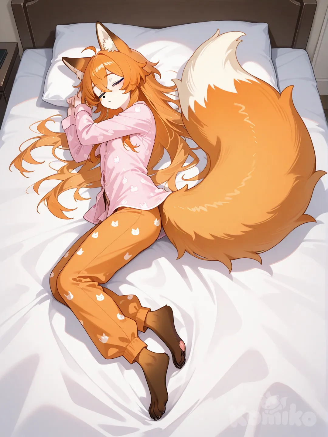 @wicki-2ShJ the male fox femboy, extremely huge and long fluffy tail, full body, on bed, 20 years old, fur all over the body, pyjamas, sleeping