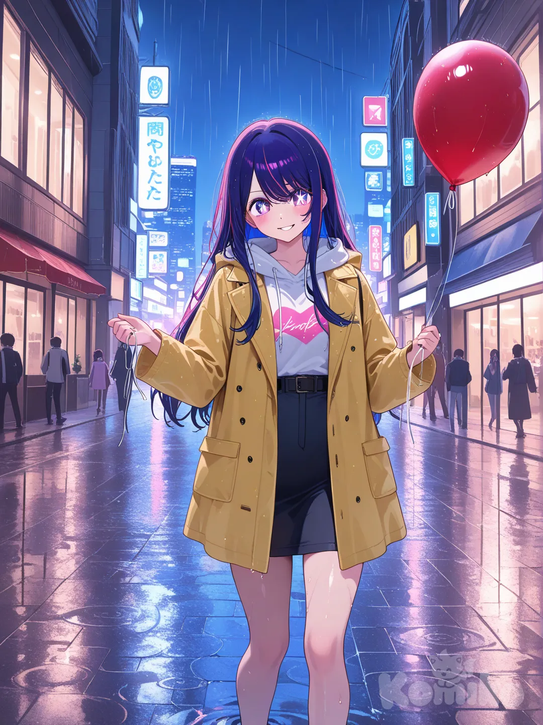 Hoshino Ai (Oshi No Ko), yellow coat, playing with a red balloon, in the rain, in a city