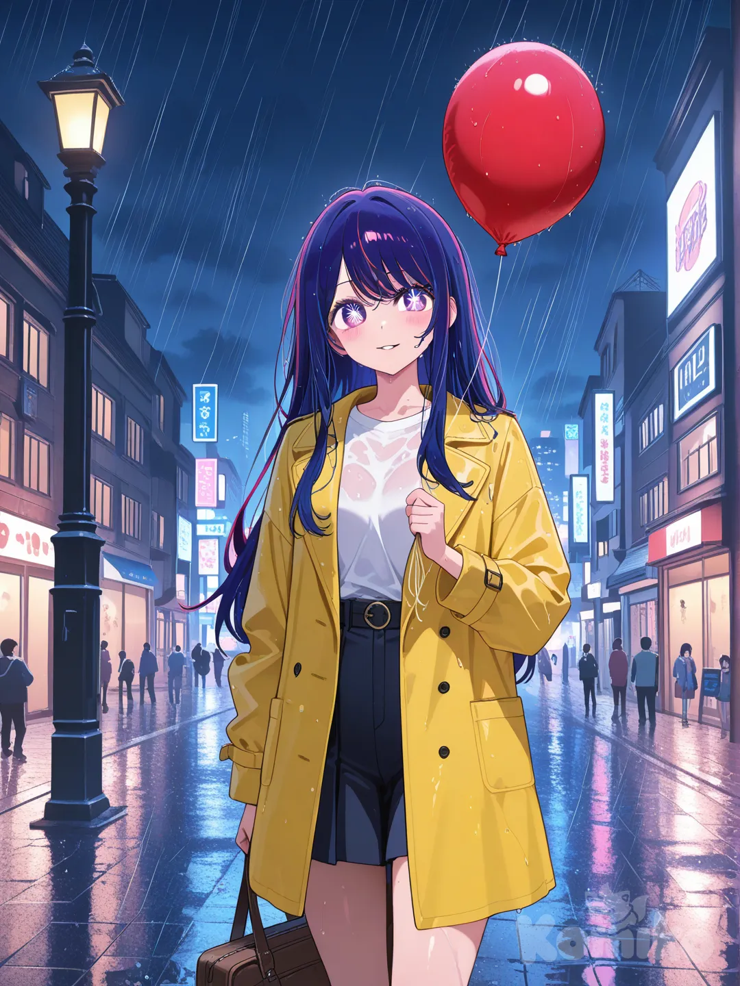 Hoshino Ai (Oshi No Ko), yellow coat, playing with a red balloon, in the rain, in a city