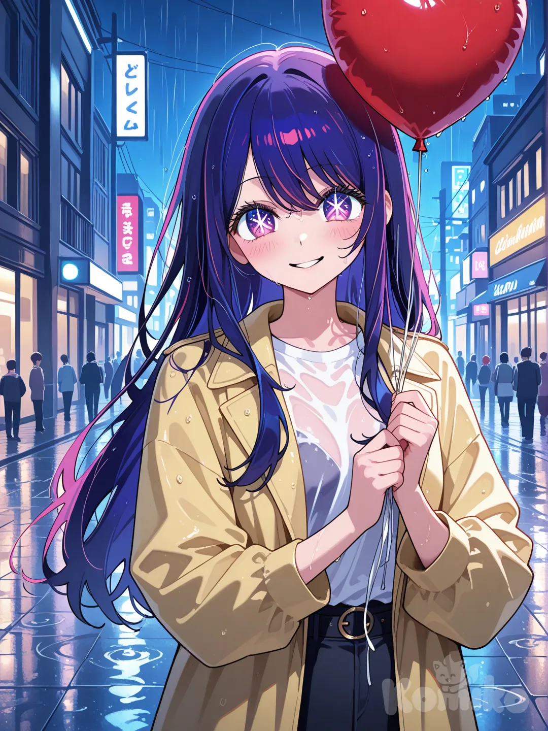 Hoshino Ai (Oshi No Ko), yellow coat, playing with a red balloon, in the rain, in a city