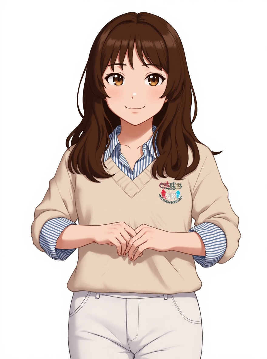 1girl, curvy, mature_female, brown_hair, brown_eyes, fair_skin, phoenix_eyes, single character, full body, looking at viewer, anime style, simple background, white background