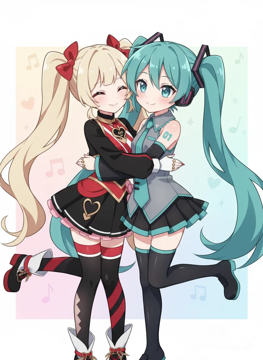 <rin-34h0>, Hatsune Miku, 2girls hugging, adorable, kawaii