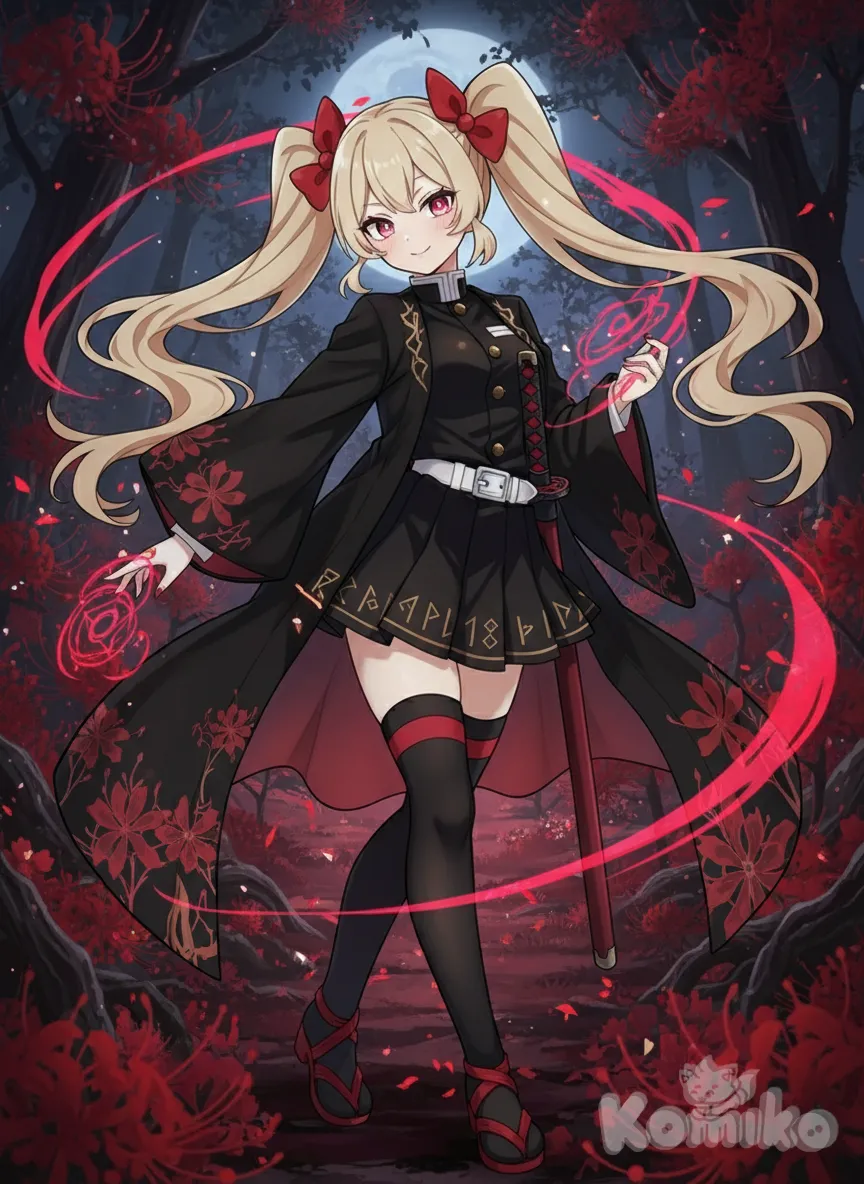 <rin-34h0>, demon slayer uniform, magic, holding sword, head tilt, villain, cute, haori, kimono, kawaii, spider lily