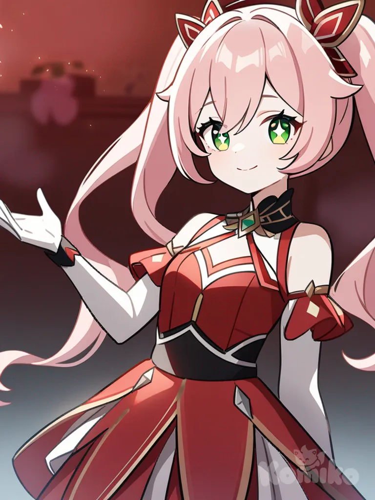 1girl, anime girl, long soft pink hair, twintails, bright green eyes, intricate outfit, unique design, mischievous smile, red theme outfit, vtuber, vocaloid, genshin impact, Pokémon trainer outfit, anime coloring, delicate features, sparkling eyes, graceful posture, warm smile, slender build, chic accessories, beautiful, adorable, villain, single character, full body, looking at viewer, anime style, simple background, white background