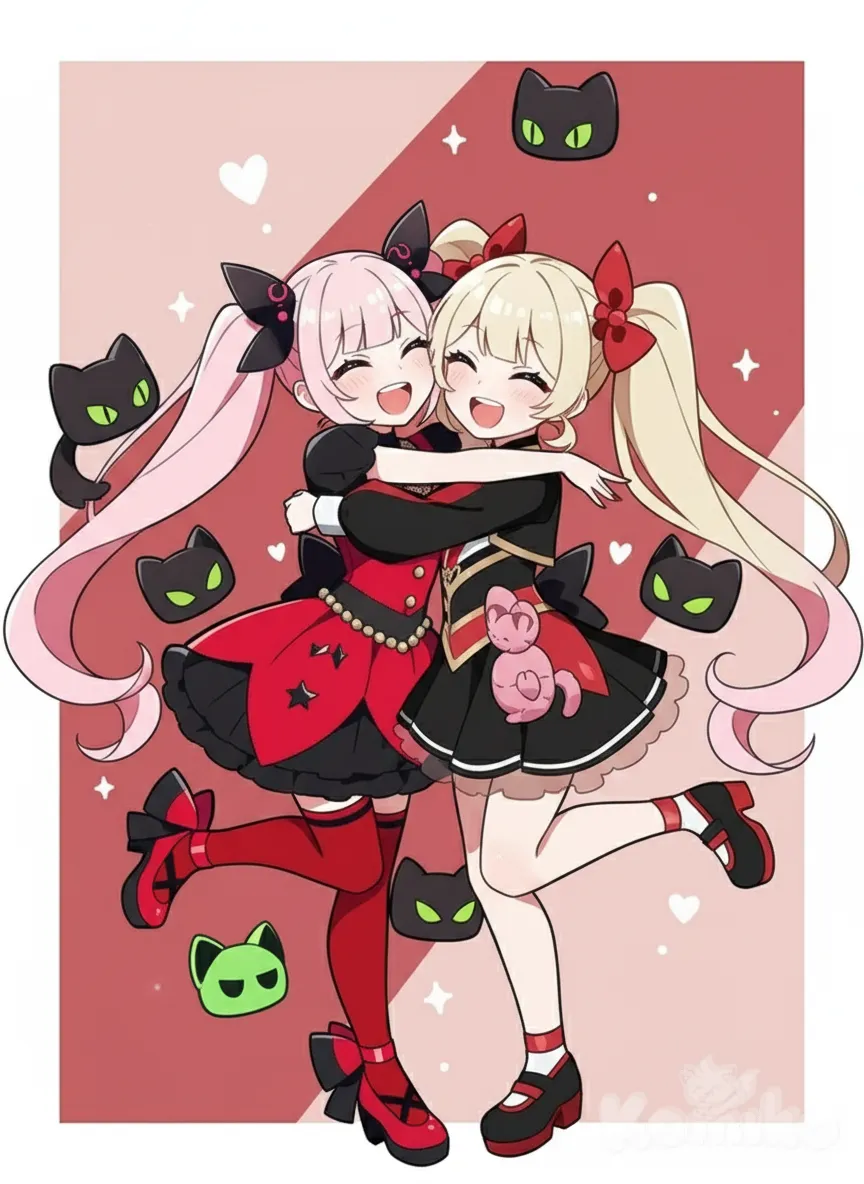 <rin-34h0>, <harin-bbBY>, hugging each other, happy , kawaii, anime coloring