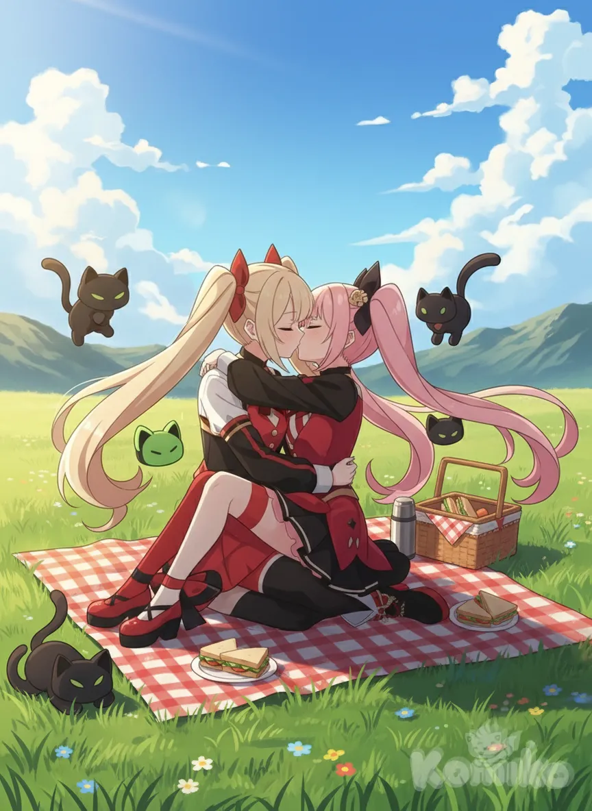 <rin-34h0>, <harin-bbBY>, sitting on lap, kissing, hugging, picnic, cinematic lighting, blue sky, grassland, panoramic lens