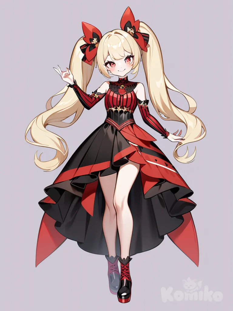 1girl, long flowing soft blonde hair, twintails, bright red eyes, slim figure, playful posture, intricate unique outfit, mischievous smile, delicate features, radiant glow, Pokémon trainer style, cute, kawaii, baddie, vocaloid, vtuber, villain, e-girl, stripes, single character, full body, looking at viewer, anime style, simple background, white background