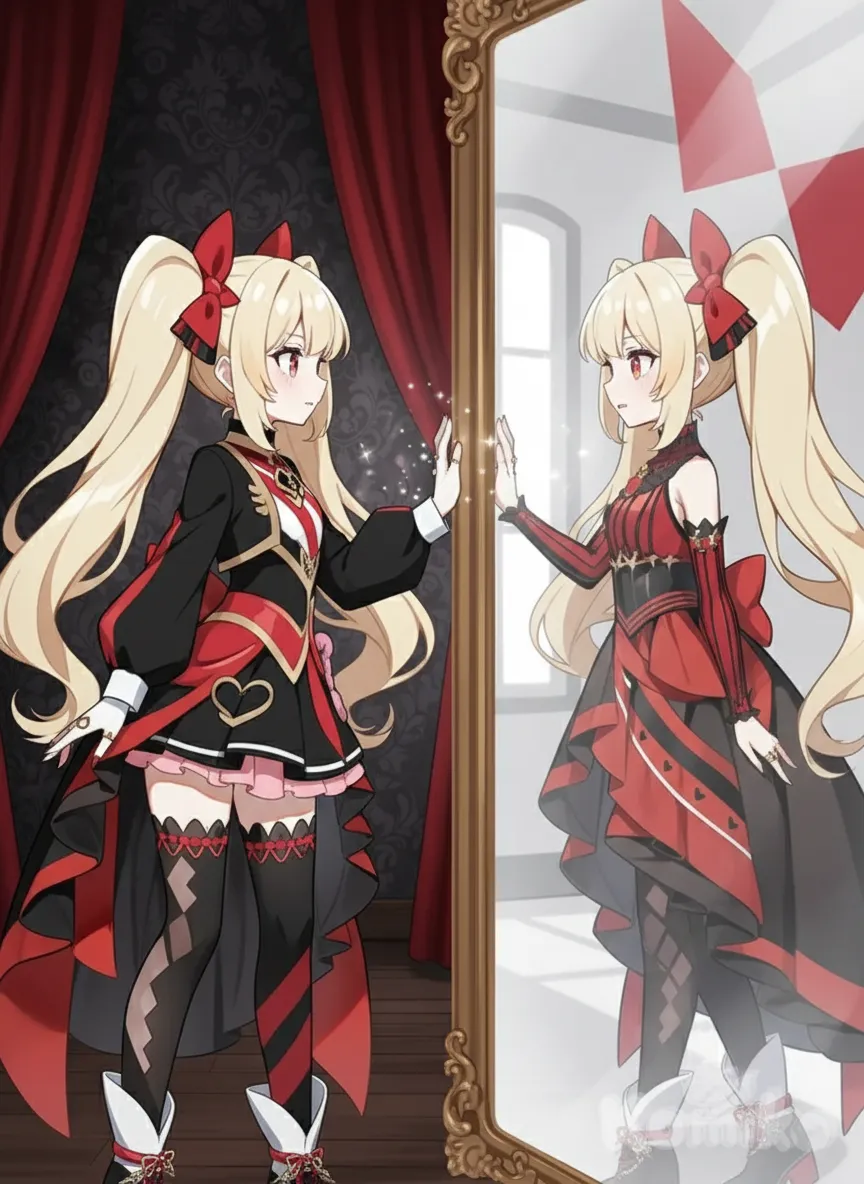 <rin-kD1s>, <rin-34h0>, looking at each other through the mirror, hand on glass, subtle fear and wonder