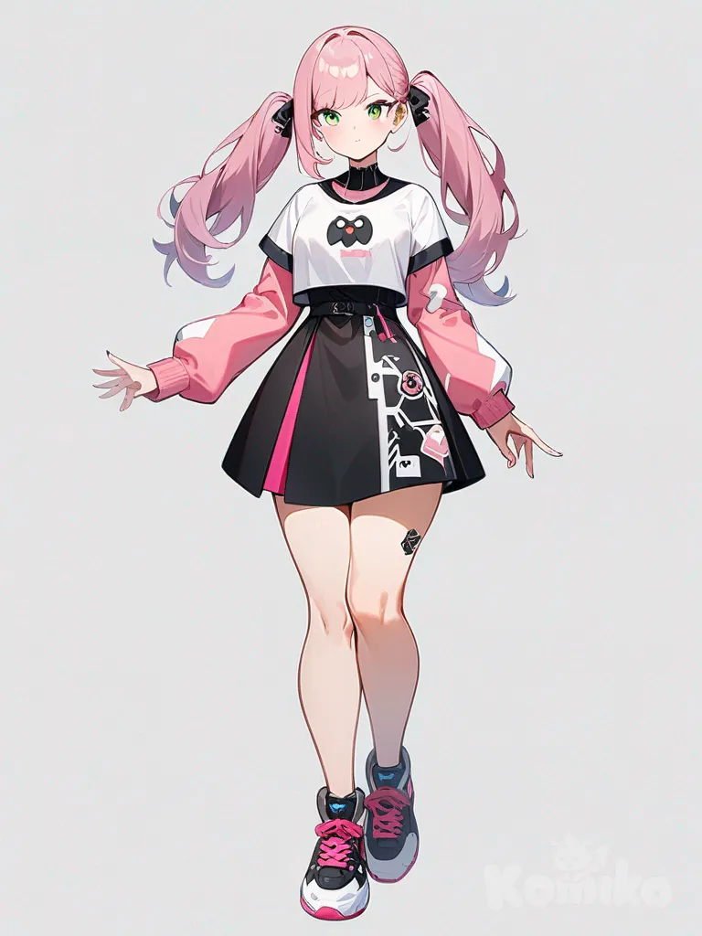 1girl, long twintails, pink hair, white faded tips, green eyes, baddie, villain, casual outfit, streetwear, mischievous, stylish, Pokémon trainer outfit, Pokémon main character, intricate design, cute, beautiful, single character, full body, looking at viewer, anime style, simple background, white background
