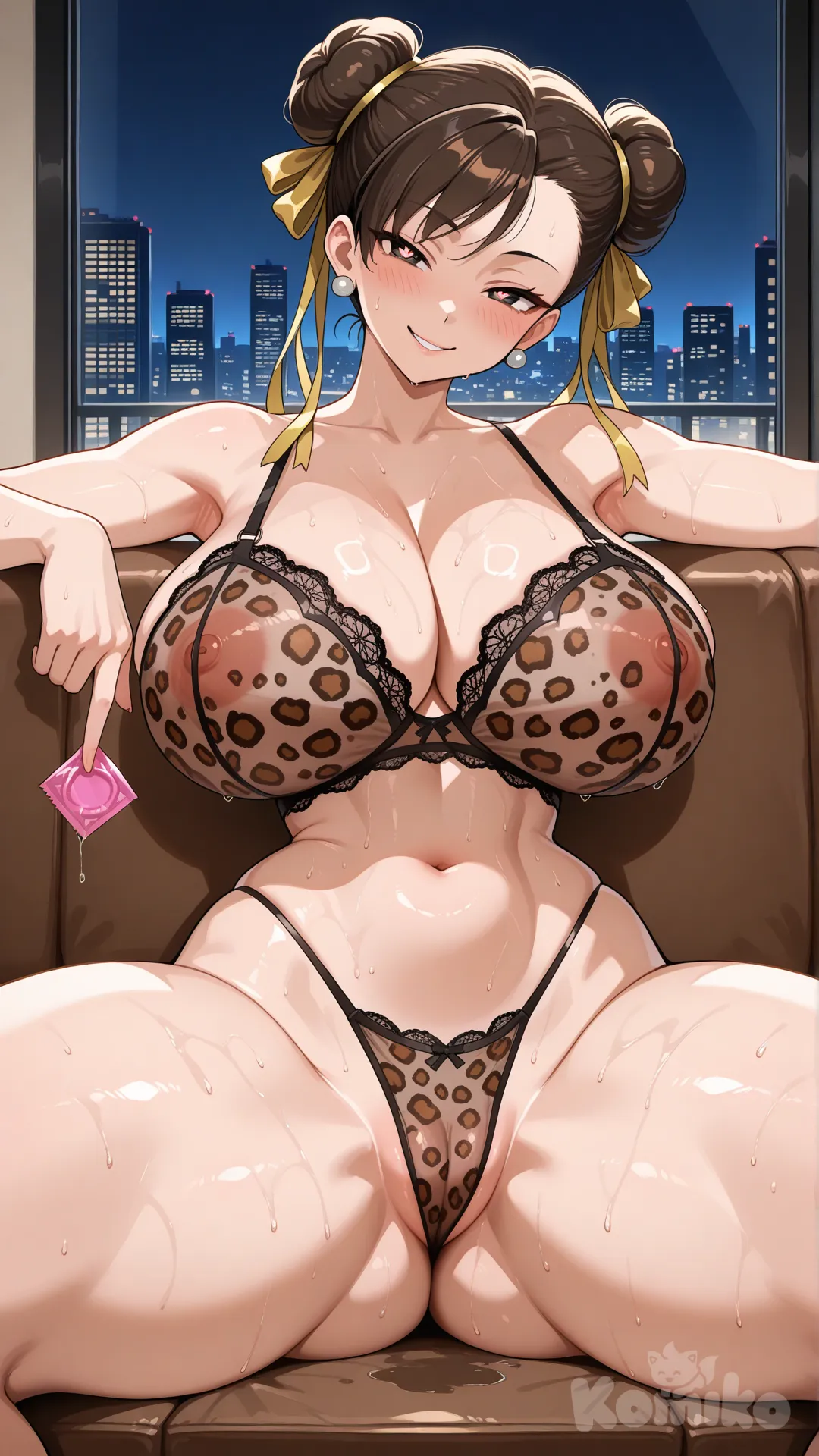 mujer voluptuosa , tetas gigantes . trasero gigante, muslos grandes . caderas anchas, cintura delgada , usando lencería leopardo azul, sentada en el sofa. un condón nuevo en la mano sin usar, piel sudada.piel mojada,pezones marcados en el bra,pezones cubiertos por el bra,bra translúcido, en el recibidor de la casa, pointing at viewer, head tilt, city lights, smile, evil smile, happy, nervous, seductive smile, pupilas en forma de corazón, piernas abiertas, vagina marcada en la tanga, 1gir,street fighter, chun-li