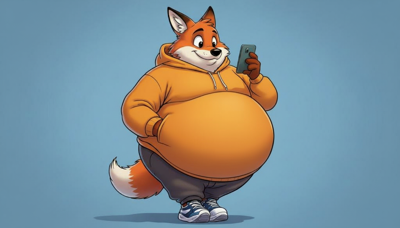 Fat fox with a phone