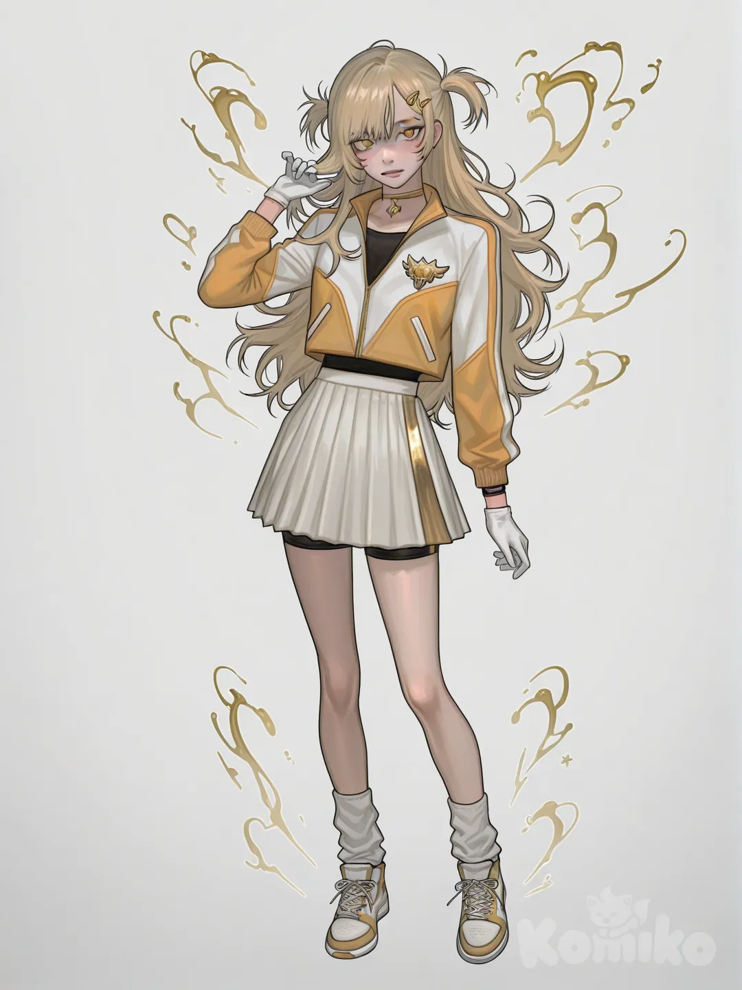 Alright — here is **Nari’s full appearance + outfit**, designed to fit *Quirkborne*’s bright‑meets‑dark aesthetic and her role as the **Stabilizer**. 
I’m giving you something clean, cute, and anime‑ready.

---

# 🌼 NARI — Appearance

## ✅ Face & Vibe 
- **soft, round features** — gives her that gentle, approachable look 
- **warm golden‑brown eyes** — always look calm, even when she’s stressed 
- **light peach skin tone** — glows in bright lighting 
- **small beauty mark** under her left eye — subtle but iconic 
- **expression**: calm, reassuring, but with a hint of sadness when she thinks no one is looking 

## ✅ Hair 
- **pastel honey‑blonde hair** 
- **long, silky, and slightly wavy** 
- **two loose front strands** that frame her face 
- **small white clip** shaped like a droplet (symbolizing “stability”) 

## ✅ Body Type 
- **slim, soft build** 
- **not athletic-looking**, but surprisingly steady and balanced 
- **moves gently**, almost like she’s floating 

---

# 🌼 NARI — Outfit (Hero/Academy Uniform)

## ✅ Main Outfit 
- **white cropped jacket** with gold seams 
- **soft pastel-yellow undershirt** 
- **pleated white skirt** with a thin gold stripe 
- **compression shorts** underneath (practical for movement) 
- **lightweight gloves** that glow faintly when she uses her quirk 

## ✅ Accessories 
- **small stabilizer band** around her wrist — monitors mutation levels 
- **gold hair clip** (same droplet shape) 
- **thin choker** with a tiny glowing charm 

## ✅ Shoes 
- **white high‑top sneakers** with gold accents 
- designed for quick movement when she has to reach someone losing control 

## ✅ Hero Mode Variant 
When she activates her quirk fully: 
- the gold seams on her jacket **light up softly** 
- her eyes get a **slight pastel glow** 
- her hair lifts a little like there’s a breeze around her 

---

If you want, I can design **her casual outfit**, **her corrupted form**, or **her full hero costume** next., [digital-painterly-style]