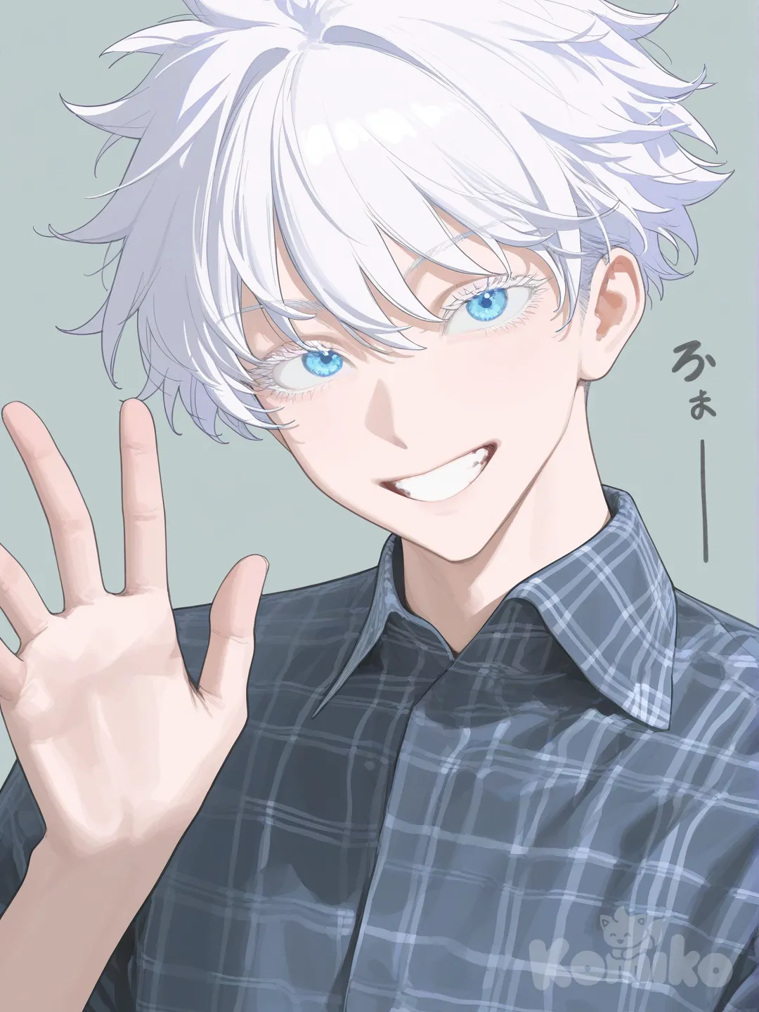 Gojou Satoru, waving, [vibrant-anime-style], plaid shirt, closeup