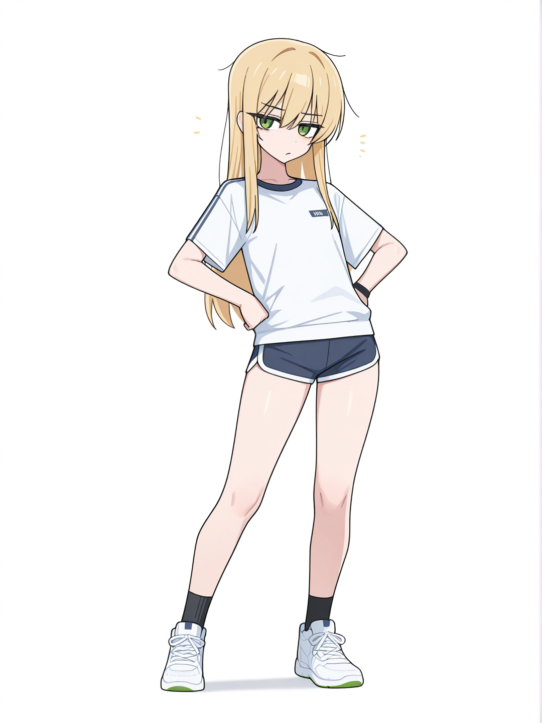 [toon-shaded-style] 1girl, demon, teenager, athletic, short, slim, blonde_hair, long_hair, straight_hair, green_eyes, single_character, full_body, looking_at_viewer, anime_style, simple_background, white_background