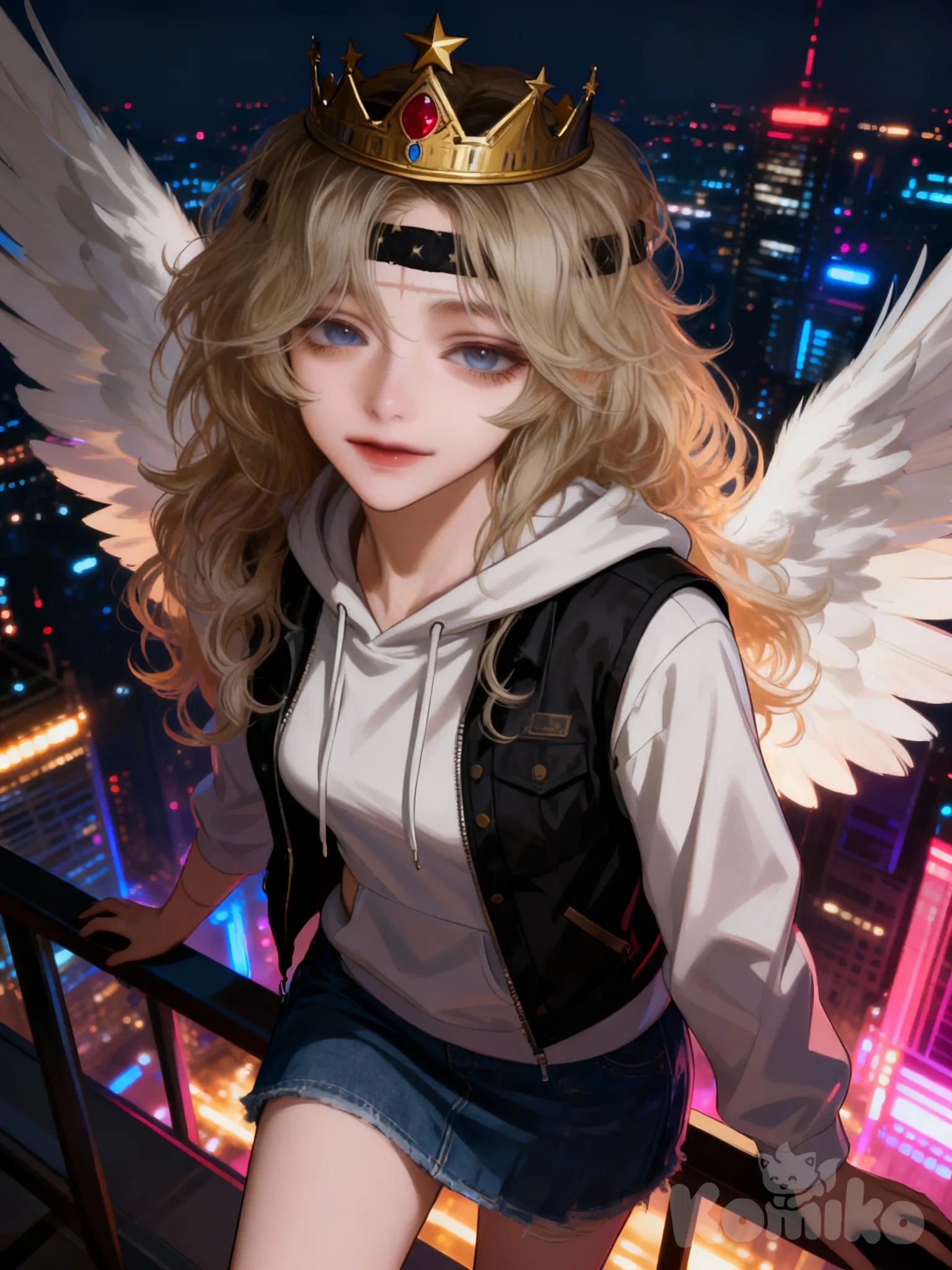 vest, hoodie, denim skirt, headband, blonde hair, upper body, city lights, cityscape, @mary-QSkA