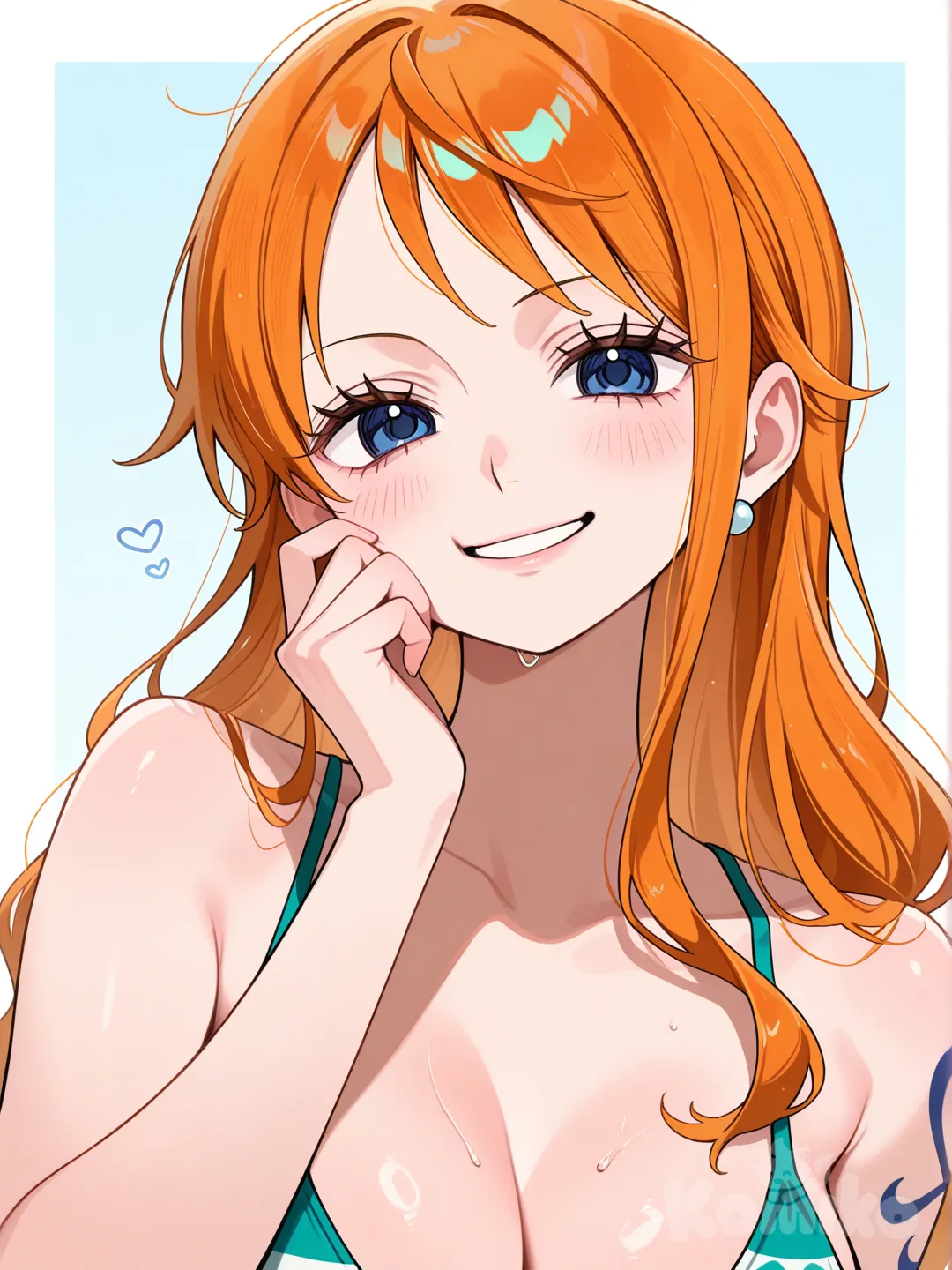 @Nami_(One_Piece), face pinching, smile, looking at viewer