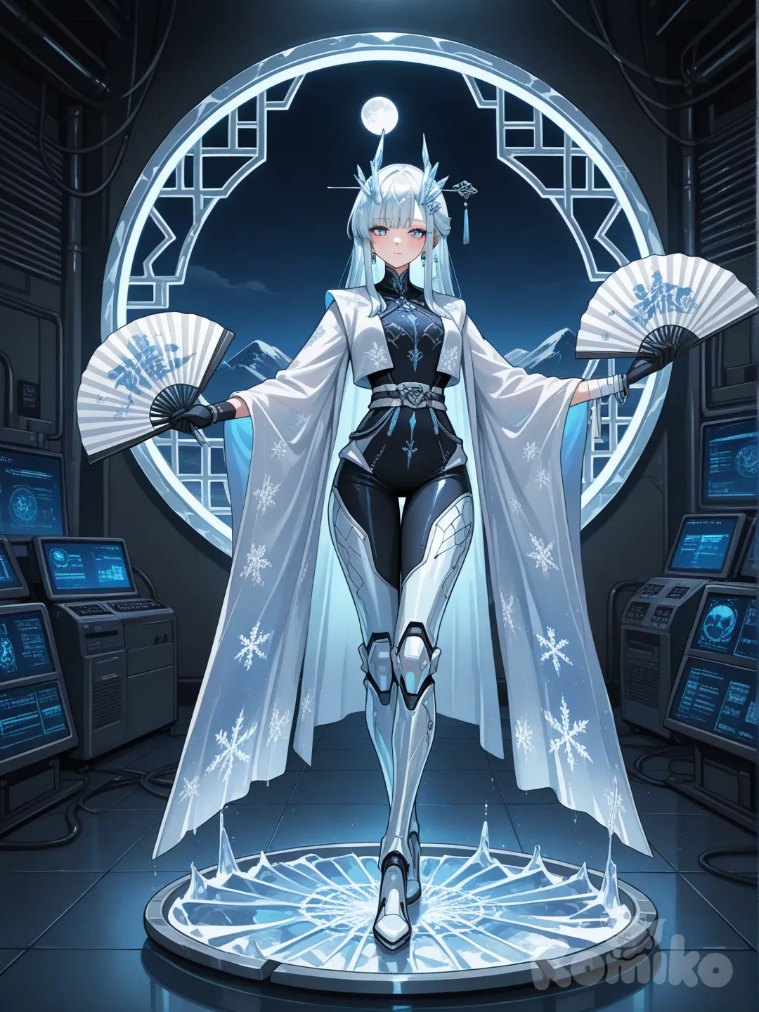 full body character design, a 27-30-year-old East Asian woman embodying classic Chinese beauty, with a serene, elegant, and fair complexion, delicate features, and almond-shaped eyes that convey calm intelligence. Her expression is poised and tranquil. During operation, fine ice crystals delicately adorn her hair, which is styled in a sleek, dark long haircut with subtle traditional-inspired ornaments, and her breath forms faint, artistic wisps of mist. She has a tall, slender, and graceful figure typical of classical dance, moving with fluid, precise elegance that merges technological precision with traditional grace. Full-length view.

Armor Design (Silver and blue color scheme with Eastern aesthetic fusion):

· Full Body Coverage: A form-fitting, fluid-sealed suit with layered armor plates that incorporate flowing lines reminiscent of traditional silk robes and armored silhouettes. The phase-change material shifts translucency like mist over ice.
· Head: A semi-open, elegant headdress resembling a crystalline ice crown or hairpin, blending modern tech with ancient hair accessory motifs. Subtle thermal sensor fins are integrated like hair ornaments.
· Torso: Chest armor structured like an intricate, fractal snowflake or crystalline lattice, evocative of traditional paper-cut or window lattice designs, Arms: Condensation bracers styled as elegant arm wraps or bracelets, and conductive filament gloves. Liquid cooling tubes on the forearms curve like calligraphy strokes, with glowing blue coolant flowing inside.
· Legs & Feet: Segmented leg armor with lines resembling glacial crevasses or layered mountain rocks, tapering down to silent hover boots that seem to glide above surfaces, leaving短暂 (brief) icy trails like ink on paper.
· Details: Temperature-sensitive coating shifts from ice-blue to warm orange like changing skies. An engineering belt styled as a sleek utility sash holds tools like a thermal imager.

Exclusive Gear:

· "Sublimation Fan": A foldable metal fan resembling a traditional Chinese fan or "shan," with a tech-aesthetic frame. When deployed, it guides airflow and regulates temperature fields; its fan ribs are micro heat pipe arrays.

Scene/Setting:
Dynamic full-body pose in a serene yet authoritative stance, perhaps performing a graceful, dance-like gesture to direct cooling airflow or calmly monitoring systems. The environment blends a high-tech server hall with elements of a tranquil, frost-touched Chinese garden (like icy bamboo, frozen ponds, or moon gates). Cinematic lighting, sci-fi concept art style with wuxia or cyberpunk elegance, highly professional rendering, a fusion of cool technological and traditional Eastern atmosphere, sharp focus on the character. Silver and blue color scheme prominent. --ar 9:16 --style raw。比例 9:16。