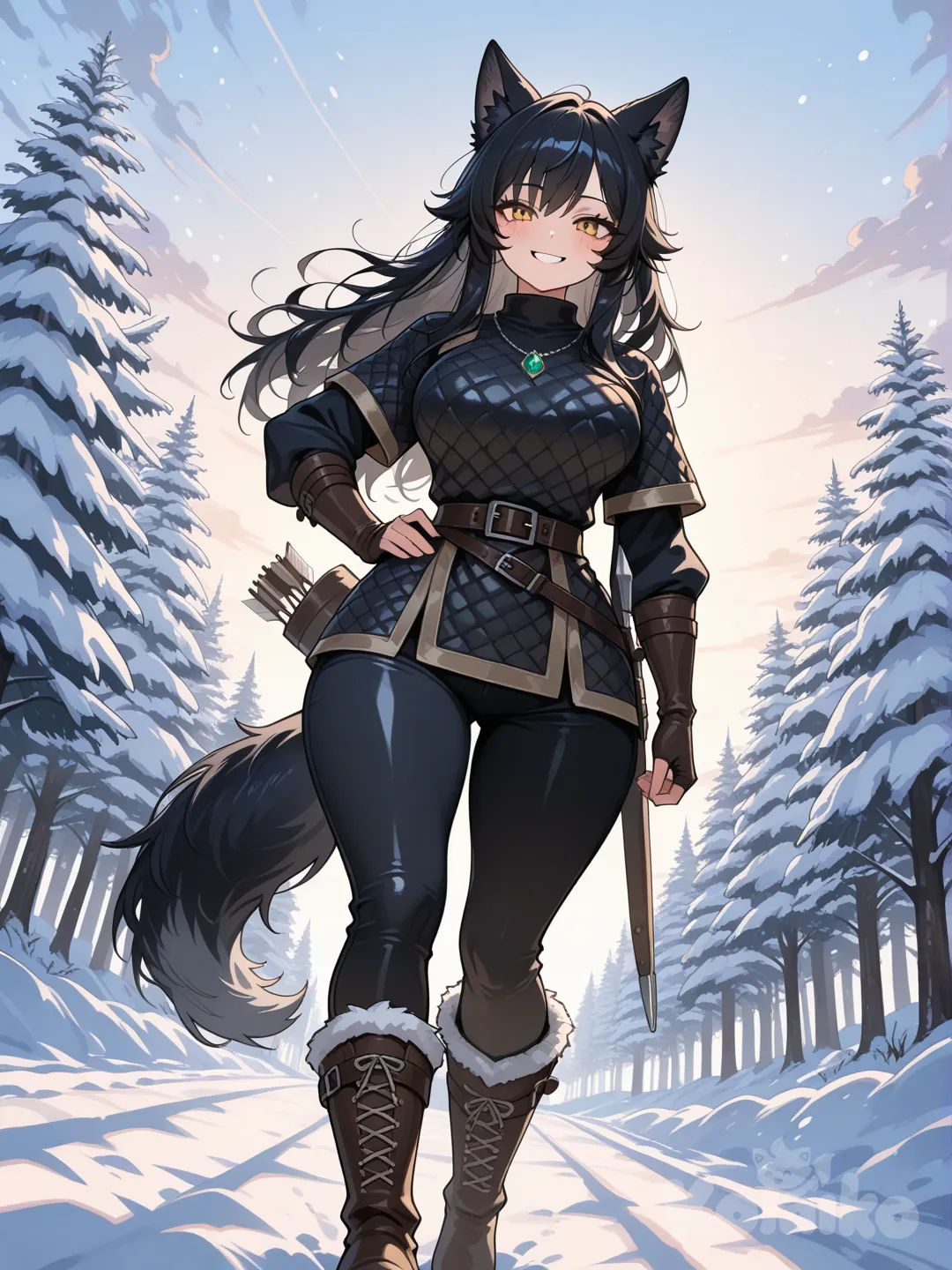 () Superior quality, appearance of a Nordic warrior, Viking, radiant skin, perfect face, 1 child, shiny hair, dressed in a low-cut black tunic like a wool or leather quilt, with tight pants and leather boots, a leather belt with a large buckle carrying a quiver of arrows attached to his hip, dressed in black combat pants, with snow boots, black hair, smiling, face reflecting confidence, fluffy black wolf tail, only wolf ears, long loose hair, wide hips, with a small emerald necklace around his neck, honey-colored eyes, morning background, epic shot, tired look full of experience, large breasts, walking and smiling flirtatiously looking flirtatiously at the viewer