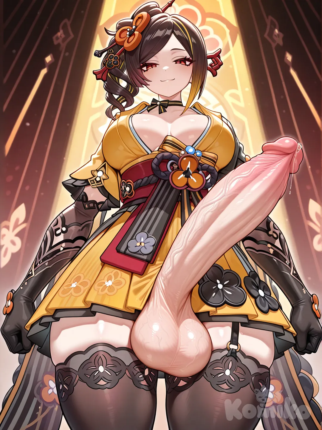 absurdres, ultra-front view slightly three-quarter, confident standing pose, looking at viewer,
chiori \(genshin impact\), short black hair with yellow highlights, golden eyes, pale skin, smug smile,
completely solo,
nude except open black-yellow kimono jacket draped over shoulders, no inner clothing, bare chest and lower body,
futanari, enormous erect penis (as thick as forearm:1.9), extremely long shaft:1.7, massive fist-sized testicles hanging heavily:1.9,
huge penis fully exposed, pointing upward aggressively, thick bulging veins, glossy skin, precum dripping in thick strand,
balls resting on thigh, scrotum,
dramatic golden rim lighting, floating fabric threads and sewing needles in background, elegant yet dominant aura,
depth of field, cinematic, highly skin and fabric texture