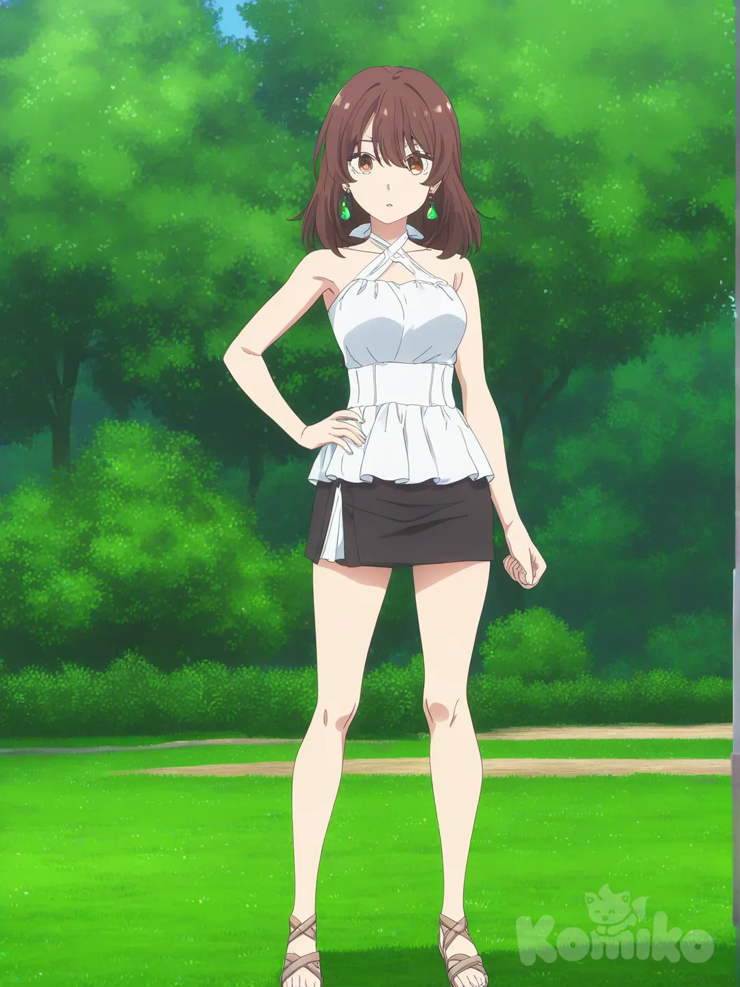 girl, medium brown hair, [bright-anime-style], standing in park, left hand on hip, black miniskirt, white halter top, emerald earrings