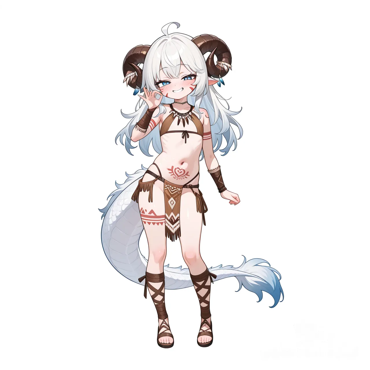 1girl, dragon girl, white dragon tail, brown sheep horns, scales, blue eyes, white hair, white skin, no wings, loli, native american style, traditional tattoo, white background, revealing clothes, fellatio gesture, naughty face, full body